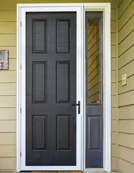 Black screen door installed on a front entry
