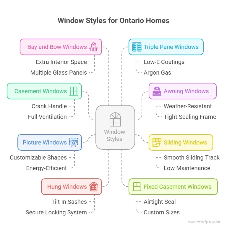 Infographic showing different types of windows for Ontario homes including casement, awnin Infographic showing different types of windows for Ontario homes including casement, awning, sliding, picture, hung, bay, bow, fixed casement, and triple-pane styles with key features