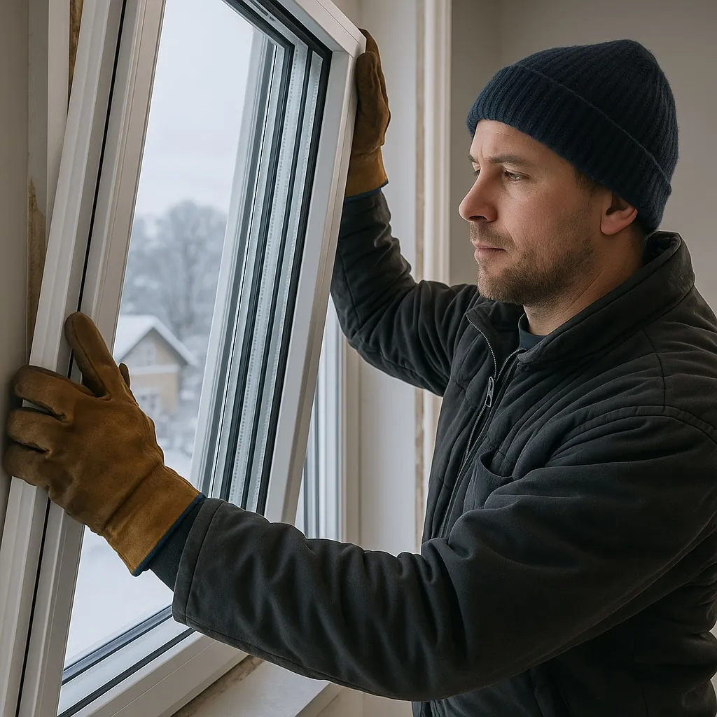 Window installer fitting a triple pane window during winter, demonstrating expert installation and the benefits of triple pane windows for energy efficiency.