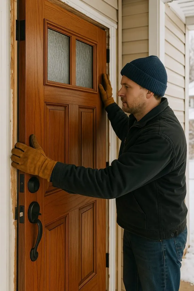 Professional installer replacing an old wooden entry door with an insulated model, highlighting the benefits of replacing old wooden doors in Newmarket.