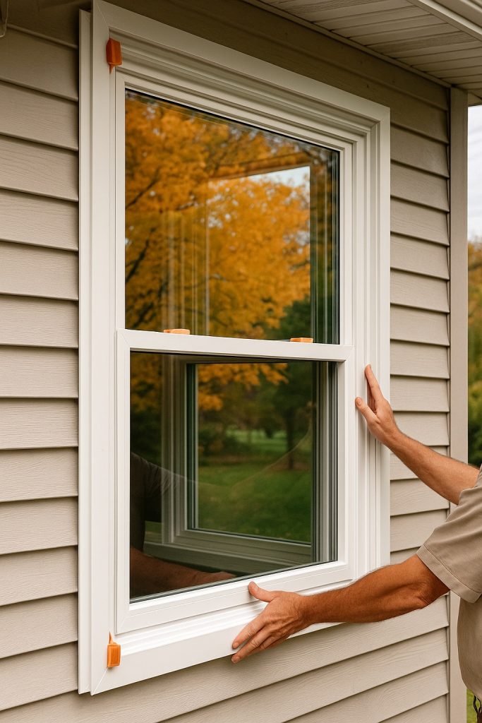 Installer adjusting new energy-efficient window on a home exterior during fall, highlighting the benefits of timely window replacement in Ontario.