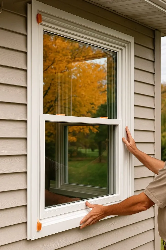 Installer adjusting new energy-efficient window on a home exterior during fall, highlighti Installer adjusting new energy-efficient window on a home exterior during fall, highlighting the benefits of timely window replacement in Ontario.