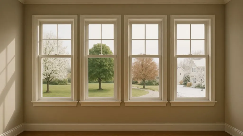 Bright spring day view through new energy-efficient windows in a cozy Ontario living room, showcasing ideal conditions for spring window replacement.