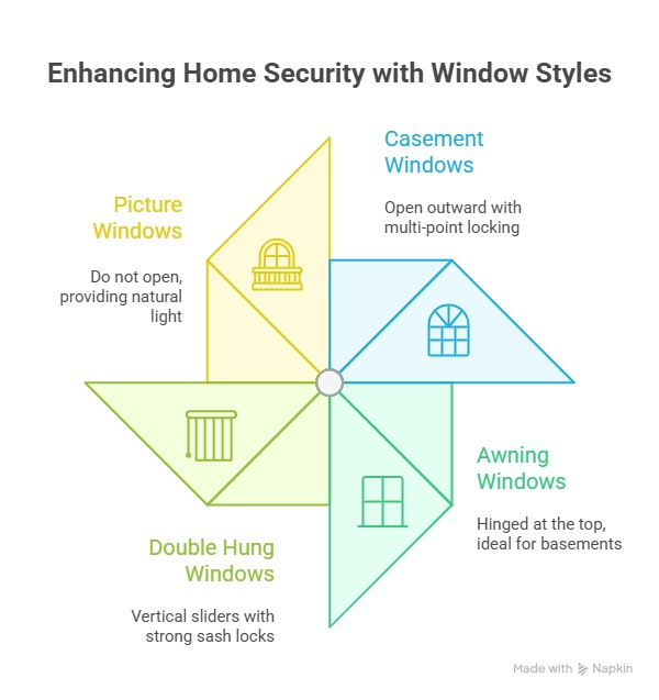 Infographic showing different window styles that enhance home security, including casement, picture, awning, and double hung windows with safety features highlighted