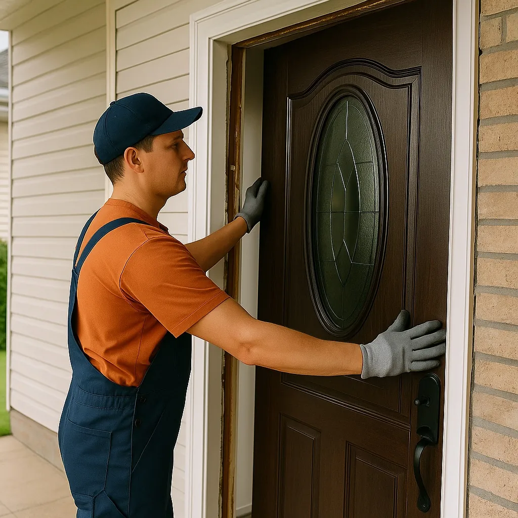 Professional installer fitting a new front door in a Sudbury home, highlighting the benefi Professional installer fitting a new front door in a Sudbury home, highlighting the benefits of installing a new front door for energy efficiency and security.