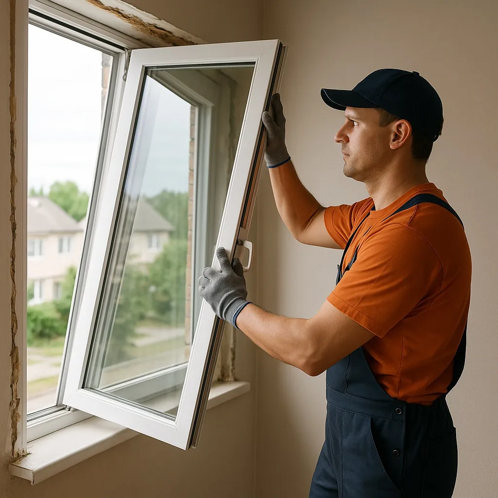 Technician installing new vinyl window indoors to avoid window replacement mistakes in Oak Technician installing new vinyl window indoors to avoid window replacement mistakes in Oakville homes.