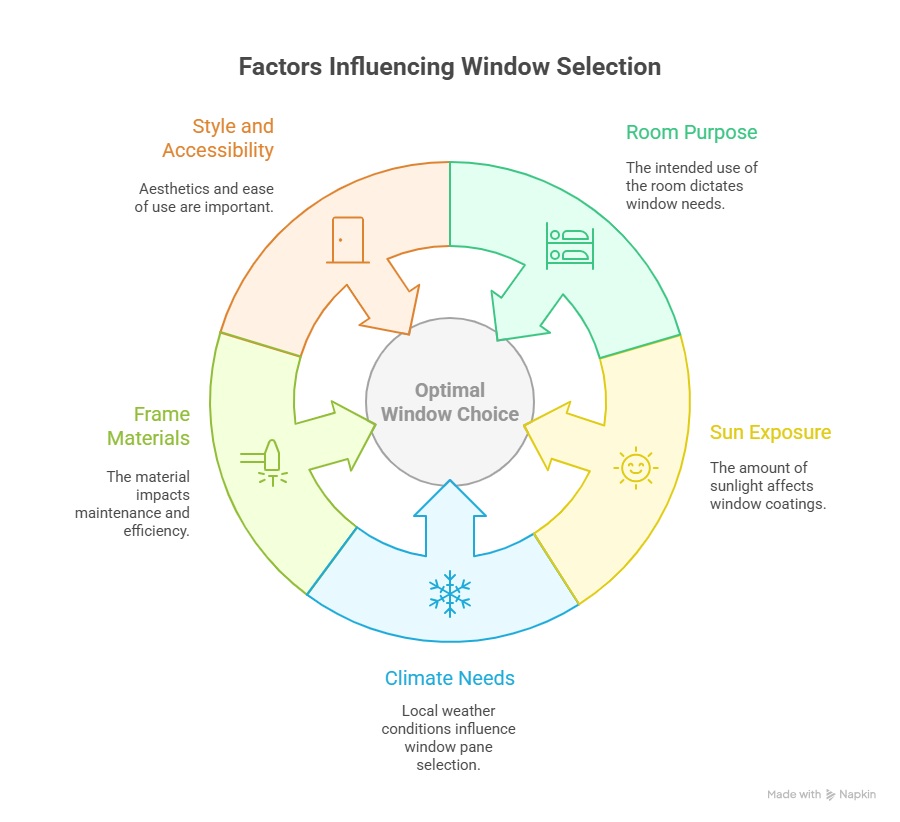 Circular infographic illustrating factors for choosing the right windows, including room function, climate, sunlight, materials, and usability.