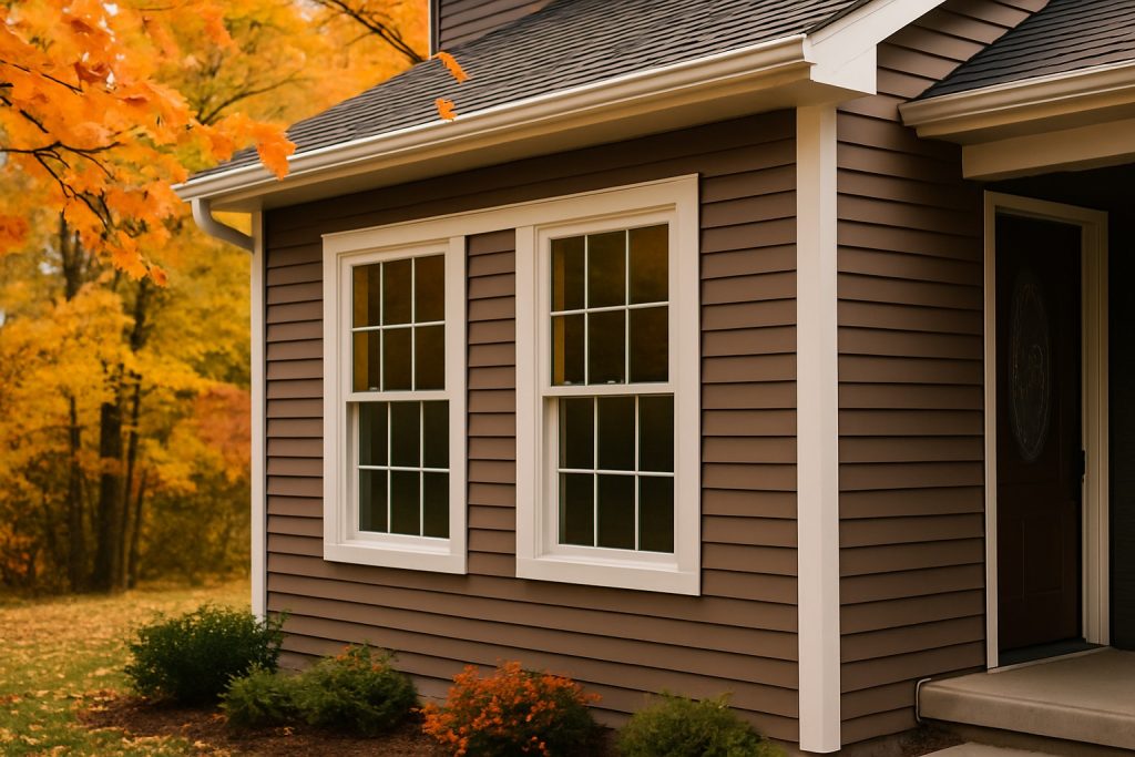 Exterior view of a house with new double-pane windows surrounded by fall foliage, perfect for energy-efficient window replacement in Ontario’s autumn season.