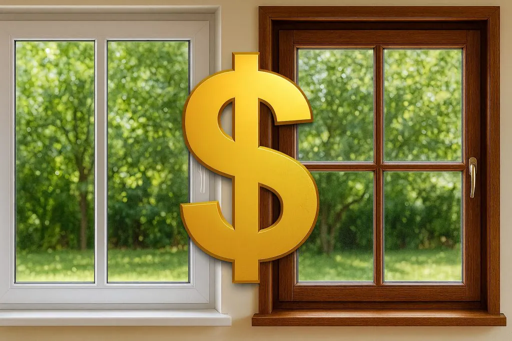 Cost comparison of vinyl vs. wood windows showing a dollar sign between modern white vinyl and classic wood frame windows in a sunny Ontario home setting.
