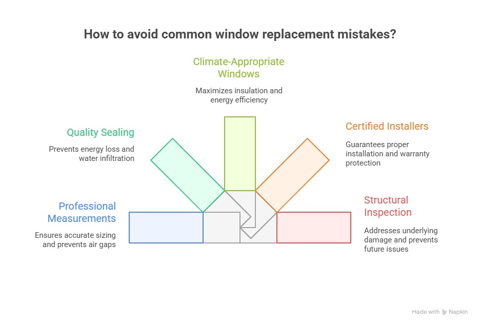 Infographic showing how to avoid common window replacement mistakes in Oakville with professional measurements, quality sealing, certified installers, and others