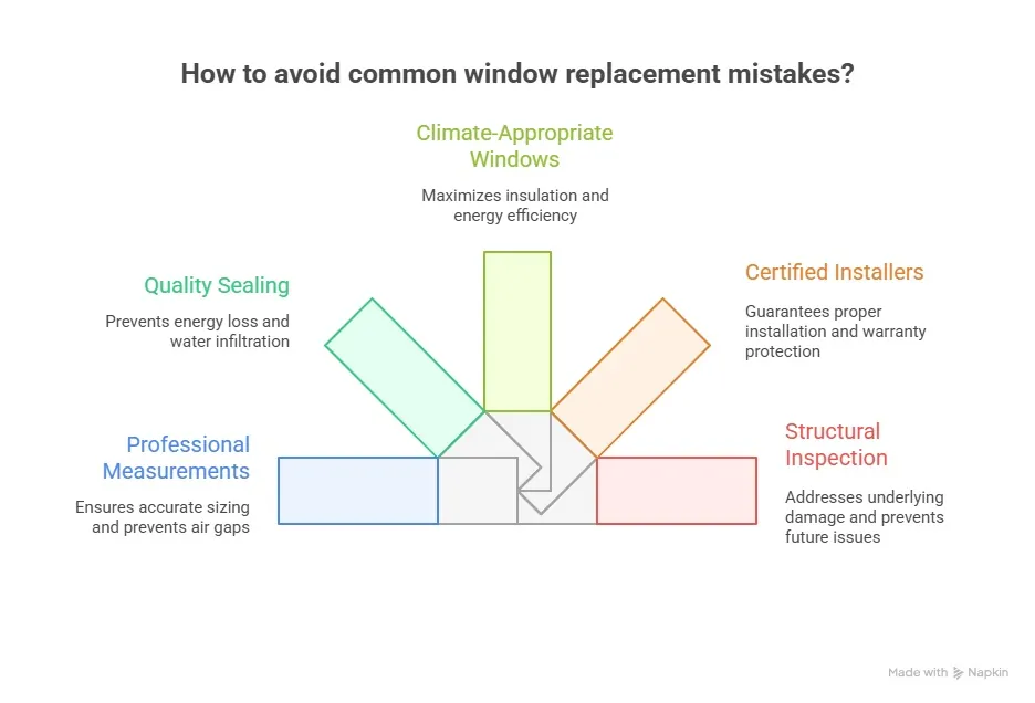 Infographic showing how to avoid common window replacement mistakes in Oakville with profe Infographic showing how to avoid common window replacement mistakes in Oakville with professional measurements, quality sealing, certified installers, and others