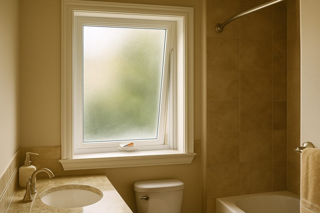 Modern Ontario bathroom featuring an awning window with frosted glass for privacy, ventilation, and moisture resistance.