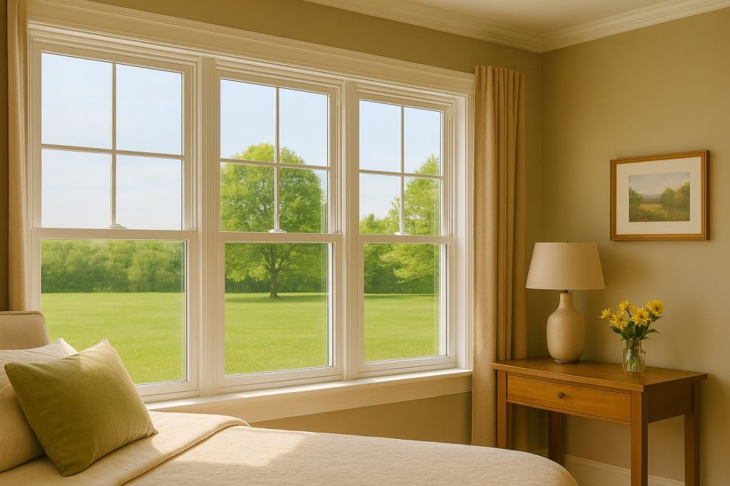 Cozy Ontario bedroom with double-hung windows offering natural light, insulation, and peaceful outdoor views.