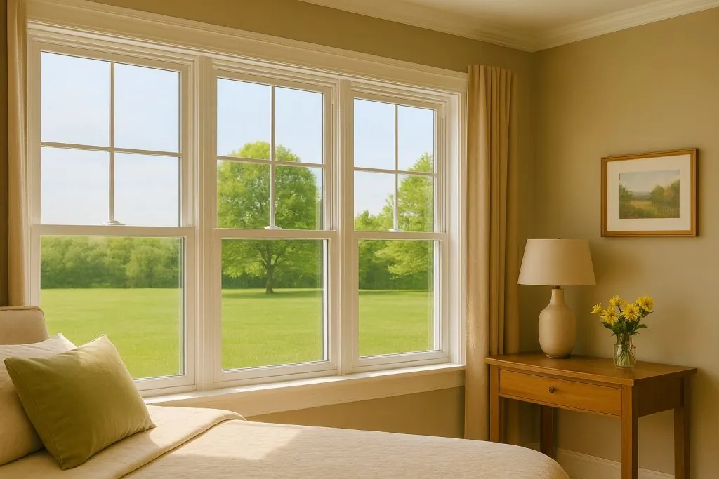 Cozy Ontario bedroom with double-hung windows offering natural light, insulation, and peaceful outdoor views.