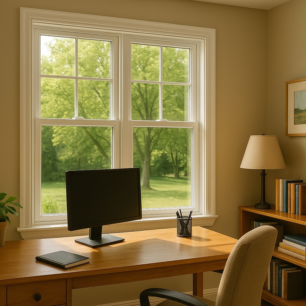 Bright Ontario home office with casement-style windows providing natural light, energy efficiency, and quiet workspace comfort.