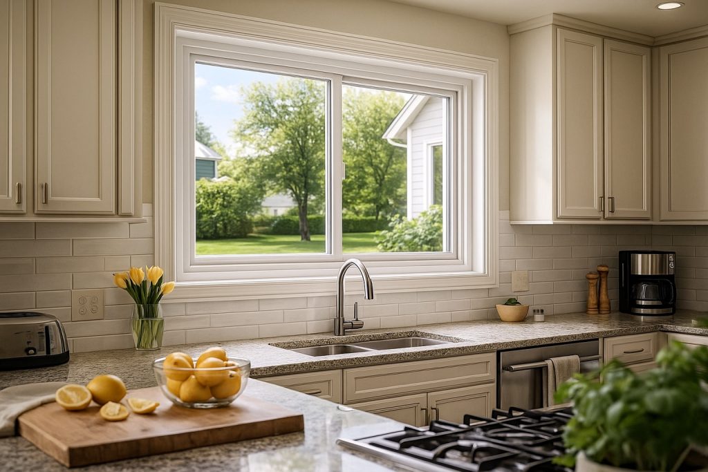 Modern Ontario kitchen with a wide single-slider window above the sink, providing natural light and ventilation.