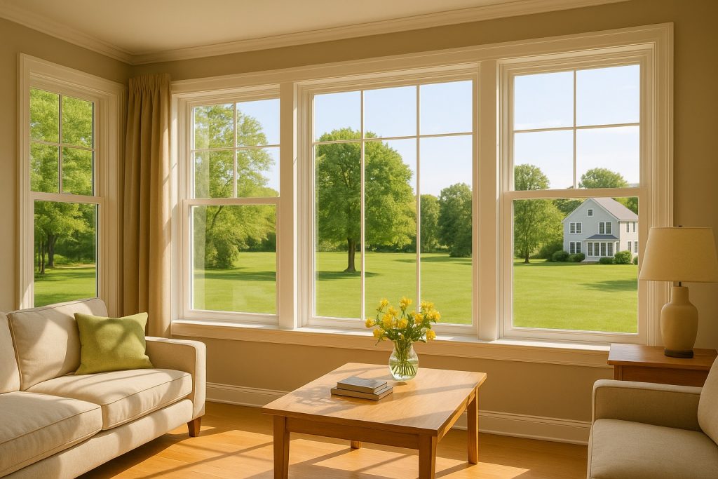 Bright living room with large double-hung windows offering expansive views and natural light, ideal window choice for Ontario homes.