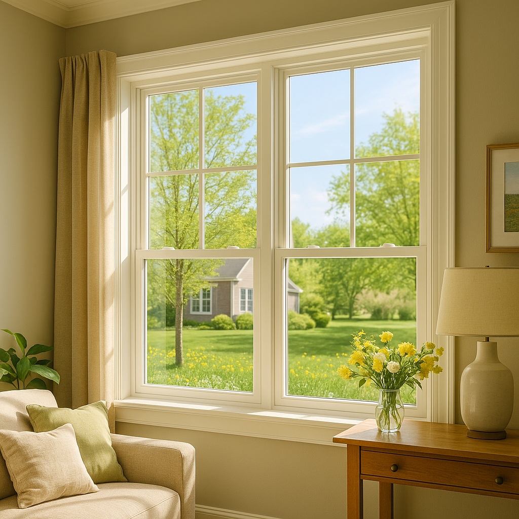 Bright spring day view through new energy-efficient windows in a cozy Ontario living room, showcasing ideal conditions for spring window replacement.