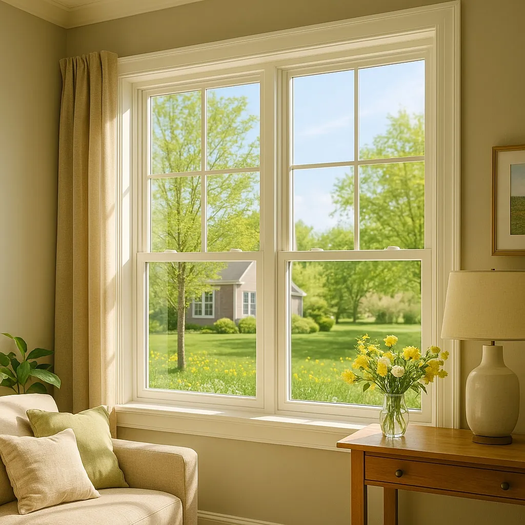 Bright spring day view through new energy-efficient windows in a cozy Ontario living room, Bright spring day view through new energy-efficient windows in a cozy Ontario living room, showcasing ideal conditions for spring window replacement.