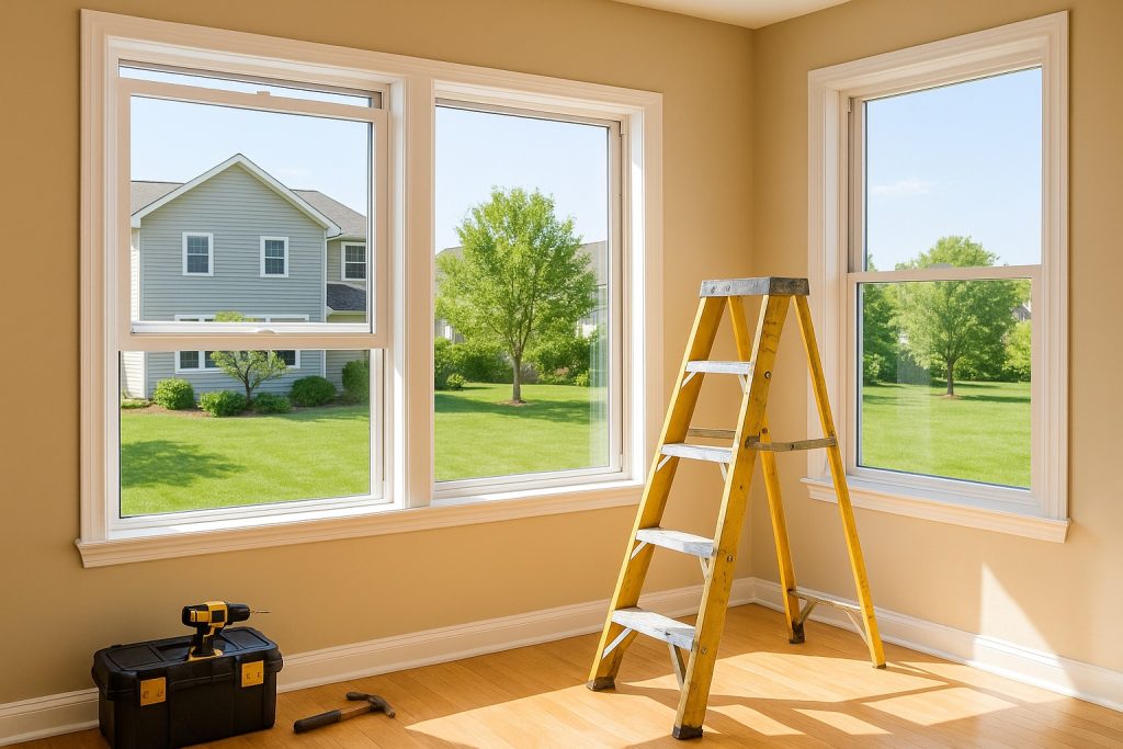 Interior room during summer with new vinyl windows, a ladder, and tools, showcasing the best time to replace windows in Ontario for fast installations.