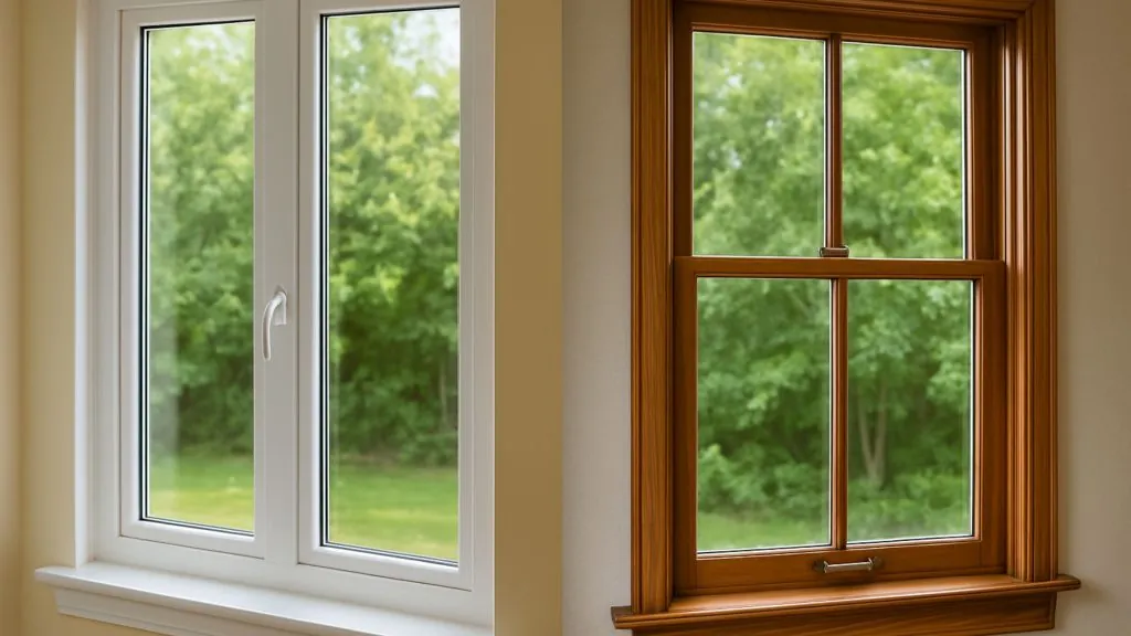 Infographic comparing vinyl vs. wood windows based on energy efficiency, durability, maintenance, aesthetics, and cost for Ontario homeowners.