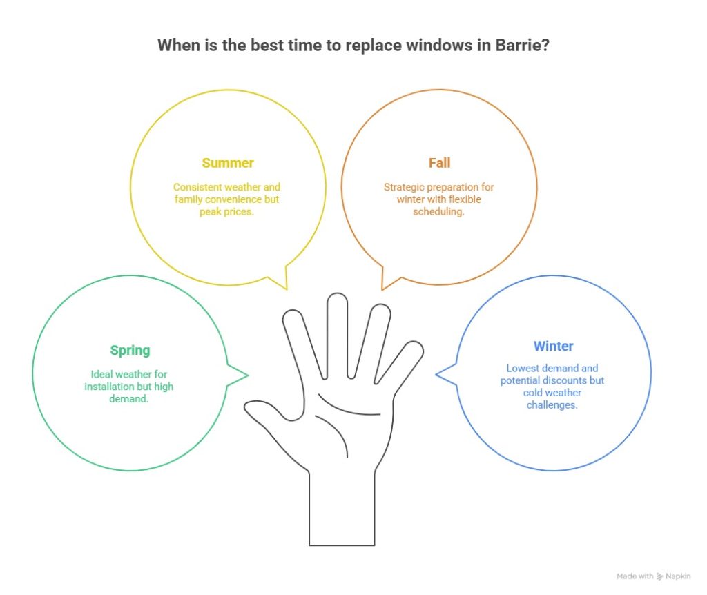 Infographic showing best time of year to replace windows in Barrie, comparing spring, summer, fall, and winter pros and cons for installation.