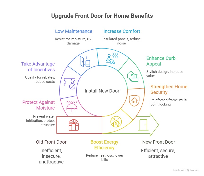 Infographic showing the benefits of installing a new front door in Sudbury homes including energy efficiency, security, curb appeal, comfort, durability, and rebates.
