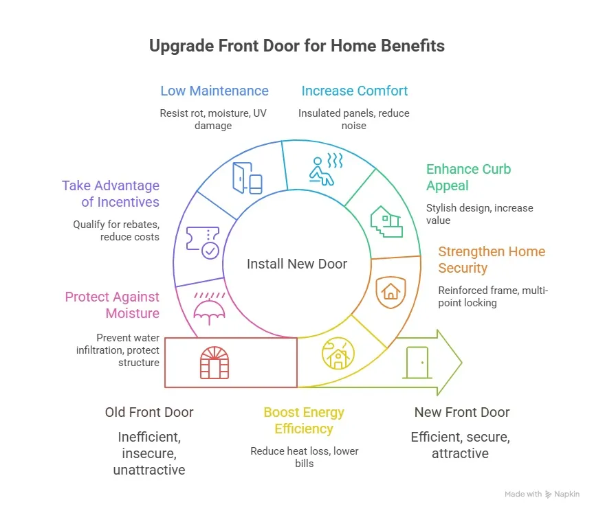 Infographic showing the benefits of installing a new front door in Sudbury homes including Infographic showing the benefits of installing a new front door in Sudbury homes including energy efficiency, security, curb appeal, comfort, durability, and rebates.