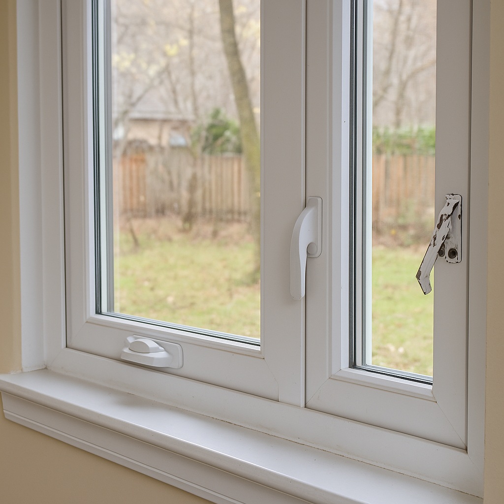 Damaged window lock on a white vinyl window showing weak security and highlighting the need for stronger window protection in Ontario homes