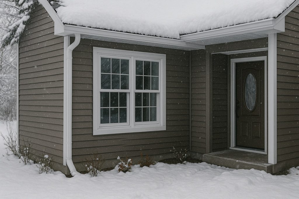 Exterior of a house during snowfall in Ontario featuring new double-pane windows, demonstrating winter window replacement when urgent upgrades are needed.
