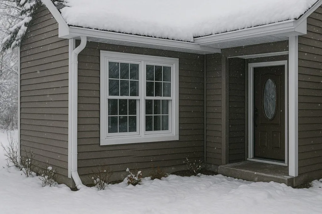 Exterior of a house during snowfall in Ontario featuring new double-pane windows, demonstr Exterior of a house during snowfall in Ontario featuring new double-pane windows, demonstrating winter window replacement when urgent upgrades are needed.