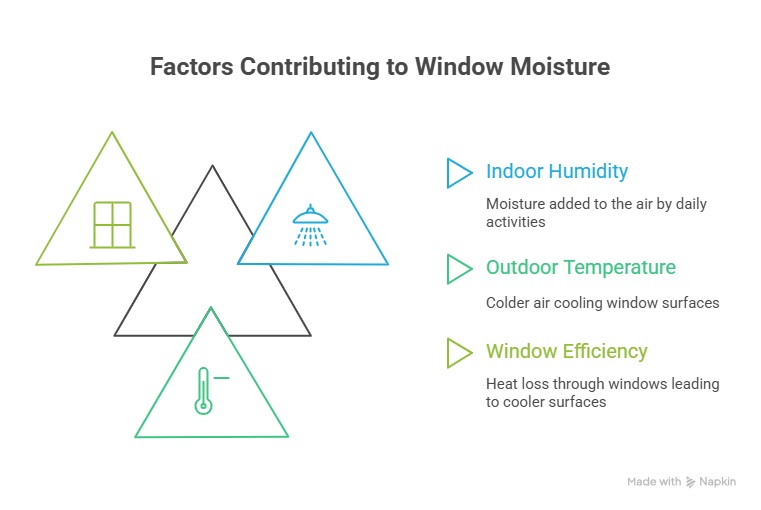 Infographic showing causes of moisture around windows, including indoor humidity, outdoor temperature, and window efficiency affecting condensation.