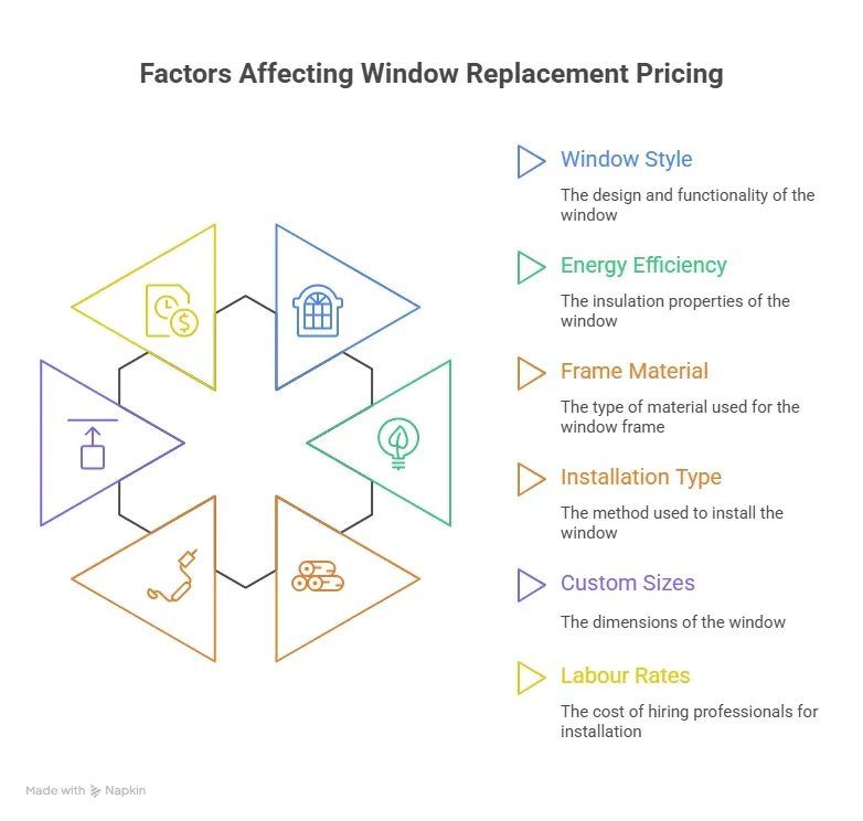 Infographic showing factors affecting window replacement cost, including window style, ene Infographic showing factors affecting window replacement cost, including window style, energy efficiency, frame material, and labour rates.
