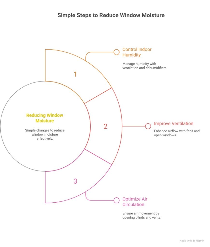 Infographic showing steps to reduce moisture around windows: control indoor humidity, improve ventilation, and optimize air circulation for better airflow.