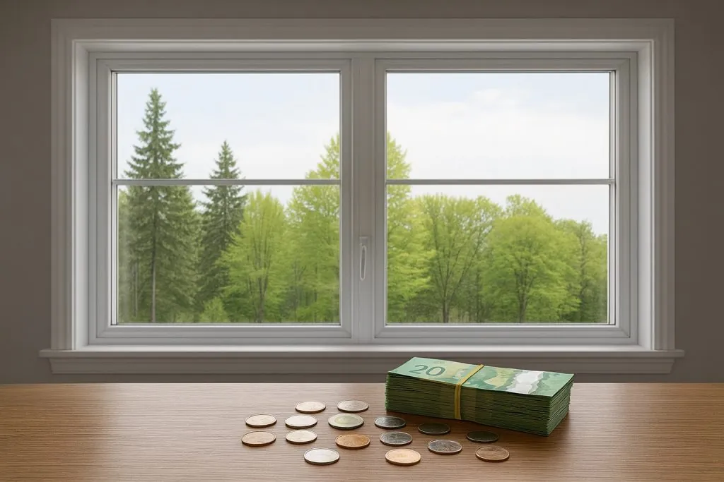 White-framed window overlooking trees with Canadian cash and coins on table, symbolizing t White-framed window overlooking trees with Canadian cash and coins on table, symbolizing tips to save on window replacement cost in Ontario.
