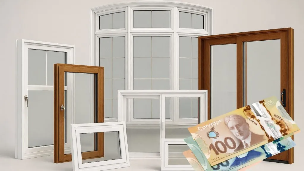 Infographic showing factors affecting window replacement cost, including window style, energy efficiency, frame material, and labour rates.