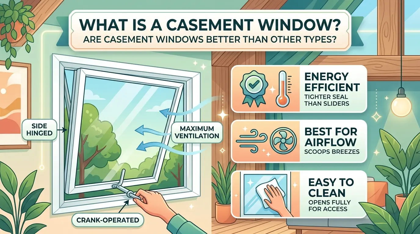 Casement window open outward compared to sliding and double hung window styles in modern home design