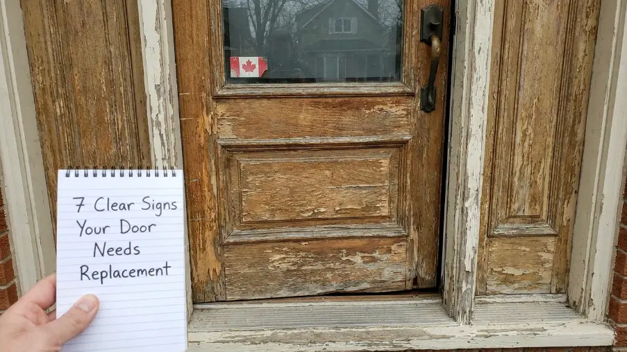 Home entry door showing damage, drafts, and wear indicating replacement needed in Ontario homes