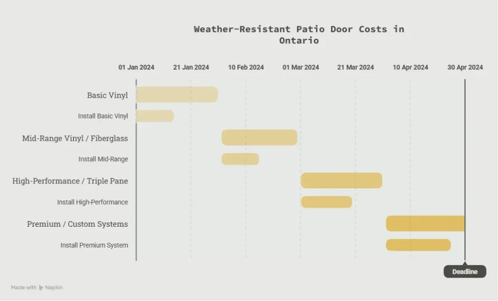 Modern weather-resistant patio door installation in an Ontario home showing cost factors such as frame material, glass, energy efficiency, and installation