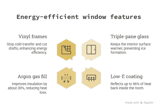 Energy-efficient double- and triple-pane windows reducing winter ice buildup and condensat Energy-efficient double- and triple-pane windows reducing winter ice buildup and condensation by improving insulation and keeping interior glass warmer