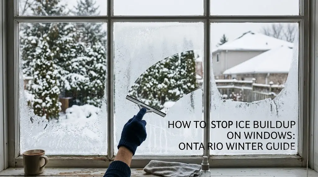 Ontario home window with winter ice buildup and condensation, showing practical solutions to prevent frost, improve insulation, and reduce indoor humidity