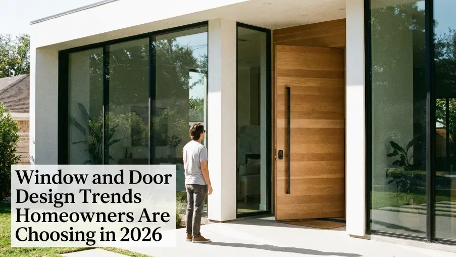 Modern window and door design trends featuring black frames, large glass panels, energy-efficient materials, and contemporary entry doors