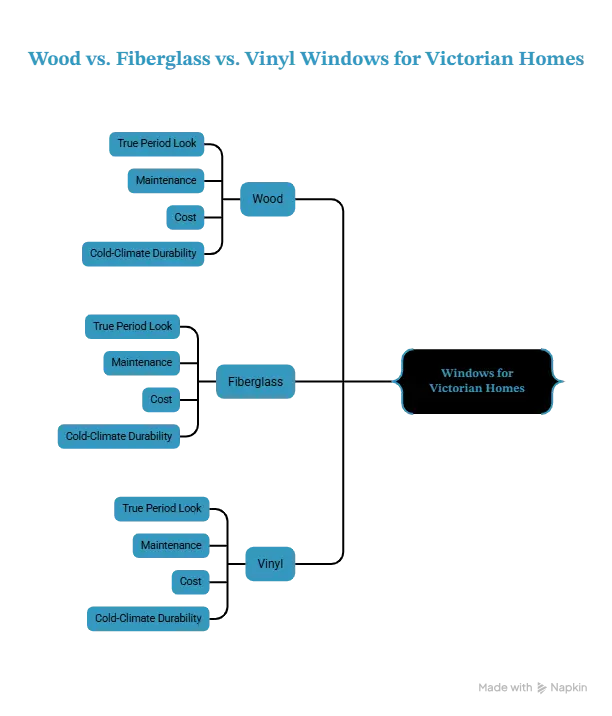 Comparison of wood, fiberglass, and vinyl replacement windows for Victorian homes, highlighting appearance, durability, energy efficiency, maintenance, and cost