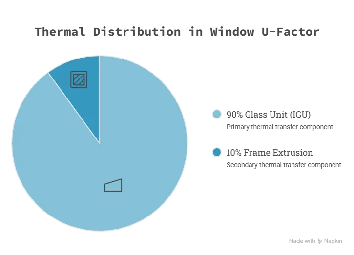 Window thermal distribution diagram showing the insulated glass unit as the primary heat-transfer area compared with the smaller frame and sash area