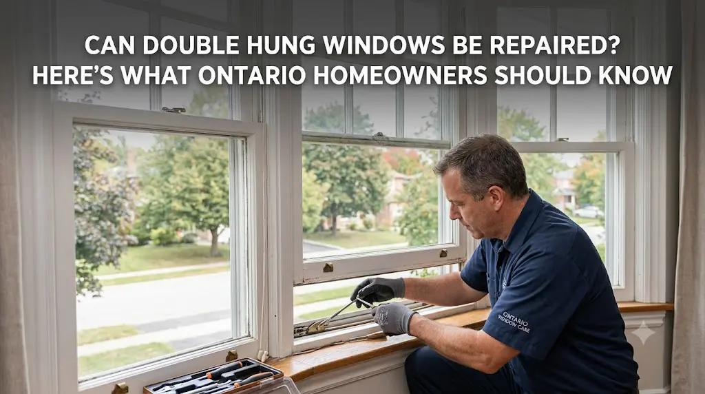 Ontario homeowner inspecting a double-hung window for common repair issues such as broken balances, damaged sash, failed seals, and worn weatherstripping