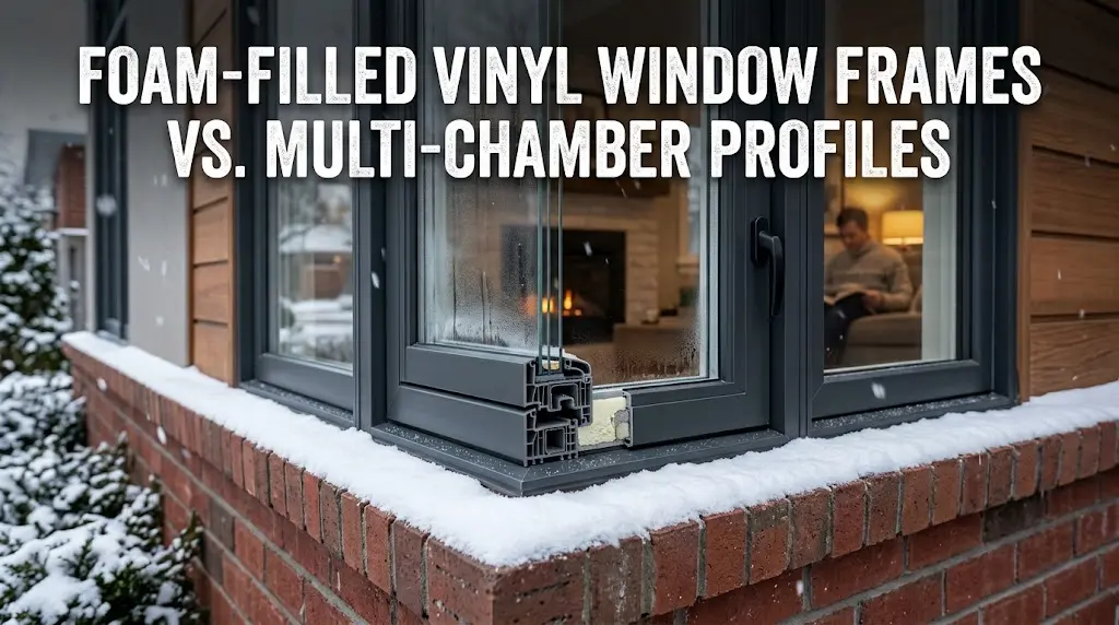 Cross-section comparison of foam-filled and multi-chamber vinyl window frames showing internal structure, insulation, thermal performance, and heat-transfer pathways