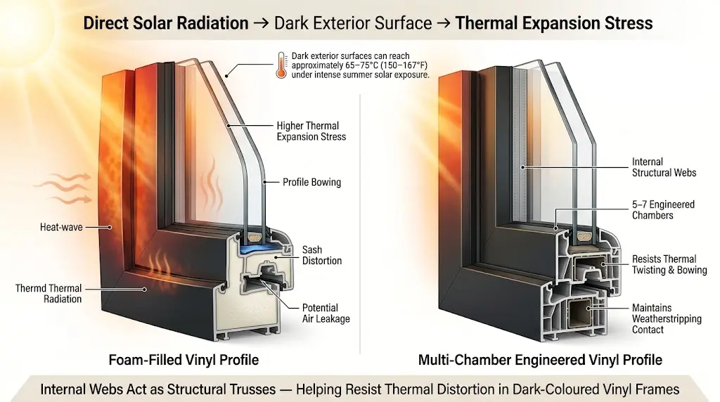 Cross-section comparison of foam-filled and multi-chamber vinyl window frames showing internal structure, insulation, thermal performance, and heat-transfer pathways
