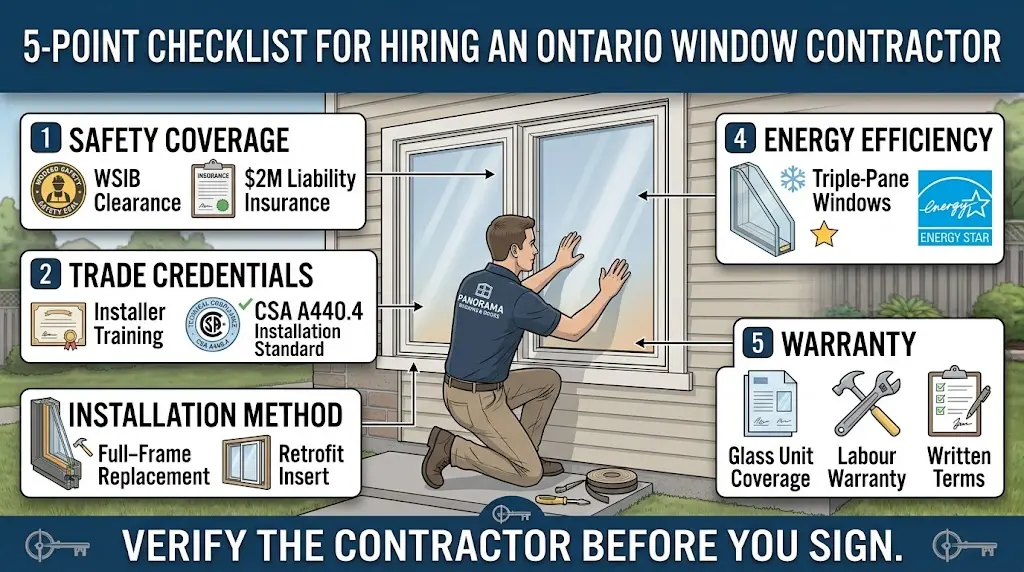 Homeowner using a five-point checklist to evaluate an Ontario window contractor, including experience, credentials, installation quality, product options, warranty coverage, and project pricing