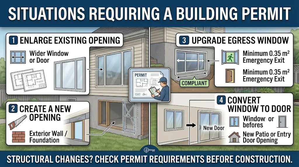 Ontario home showing window and door replacement situations that may require a building permit, including structural opening changes, enlarged openings, altered framing, and Building Code compliance