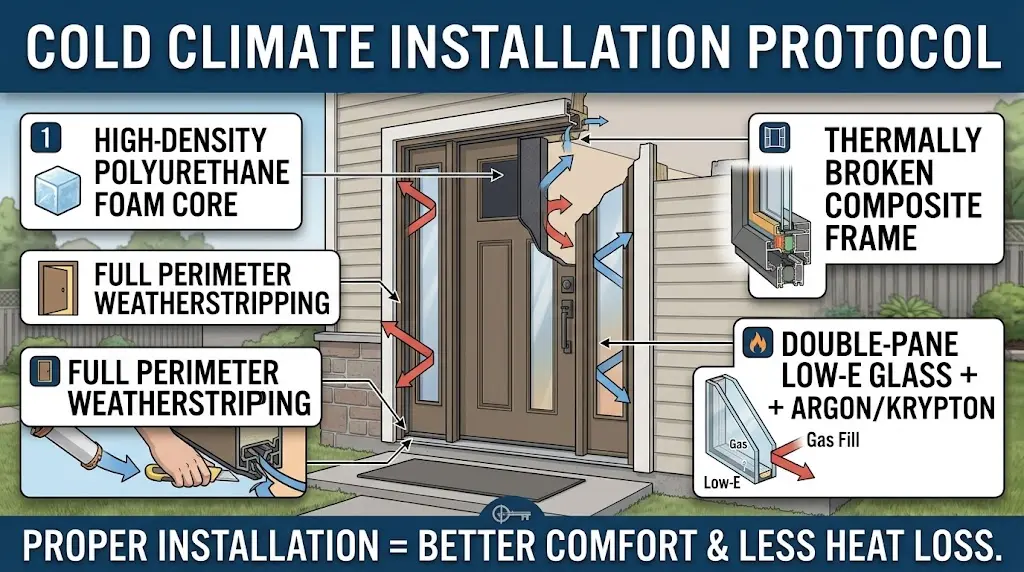 Cold-climate exterior door installation showing proper sealing, insulation, flashing, weatherproofing, frame alignment, and preparation for freezing Canadian winter conditions